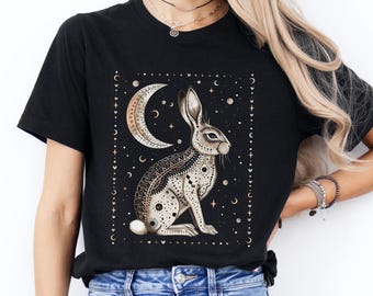 Camiseta Coelho Místico, Camiseta Lua e Coelho, Camiseta Coelho Fofo, Camiseta Boho, Camiseta Mística, Camiseta com Estampa Vintage, Presente para Amantes de Coelhos