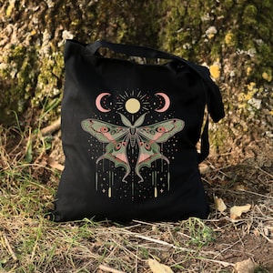 Whimsigoth Luna Moth Bag, Mystic Moon and Moth Tote, Forest Witch Aesthetic Bag, Moon Phase Canvas Bag, Goth Bag, Witchy Gifts, Gothic Gifts