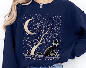 Celestial Cat Sweatshirt, Cute Moonlit Cat Jumper, Moon and Stars Cat Shirt, Cat Mom Sweater, Autumn Sweatshirt, Mystical Cat Lover Gift