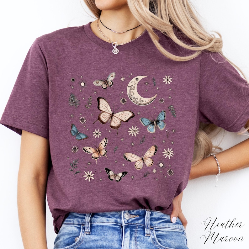 Boho Butterfly Shirt, Moon Butterfly Tshirt, Vintage Graphic Tee, Butterfly T Shirt, Boho Shirt, Bohemian Hippie Clothes, Butterfly Gifts image 2