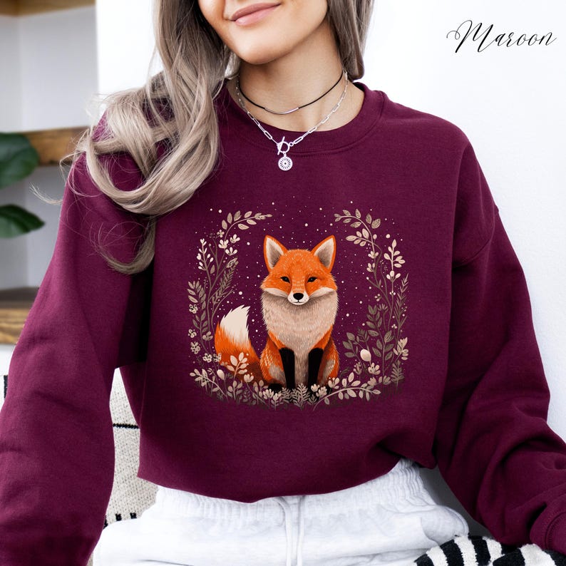 Bohemian Red Fox Sweatshirt, Cute Fox Sweater, Cottage core Fall Autumn Jumper, Woodland Forest Animal Shirt, Winter Boho Clothes, Fox Gifts image 2