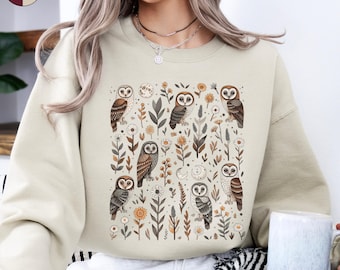 Goblincore-uiltrui, schattige vogeltrui, donkere cottagecore-uilsweater, bosuilcadeau, boho-uil herfstshirt, herfsthippiekleding