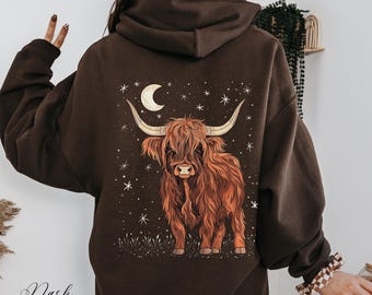 Highland Cow Hoodie, Crescent Moon & Cow Sweatshirt, Cottagecore Animal Graphic Christmas Hoodie, Winter Boho Clothes, Highland Cow Gifts