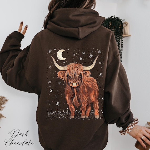 Highland Cow Hoodie, Crescent Moon & Cow Sweatshirt, Cottagecore Animal Graphic Christmas Hoodie, Winter Boho Clothes, Highland Cow Gifts