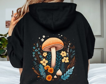 Sweat à capuche botanique à motif champignons, sweat à capuche bohème, sweat à capuche automnal style cottagecore, sweat à capuche nature, vêtements forêt, cadeaux champignons, sweat-shirt d'automne