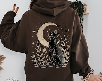 Mystical Cat Hoodie, Black Cat Hoodie, Cat Moon Hoodie, Cottage core Hoodie, Mystical Boho Hoody, Vintage Aesthetic Hoodie, Cat Lover Gift