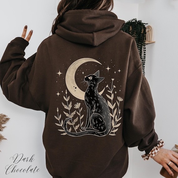 Mystical Cat Hoodie, Black Cat Hoodie, Cat Moon Hoodie, Cottage core Hoodie, Mystical Boho Hoody, Vintage Aesthetic Hoodie, Cat Lover Gift
