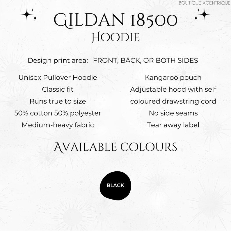 Op de afbeelding: Een witte afbeelding met de tekst "GILDAN 18500 HOODIE" en productdetails. Kenmerken zijn een unisex pullover hoodie, klassieke pasvorm en verstelbare capuchon met een zelfgekleurd trekkoord. De beschikbare kleur is zwart.