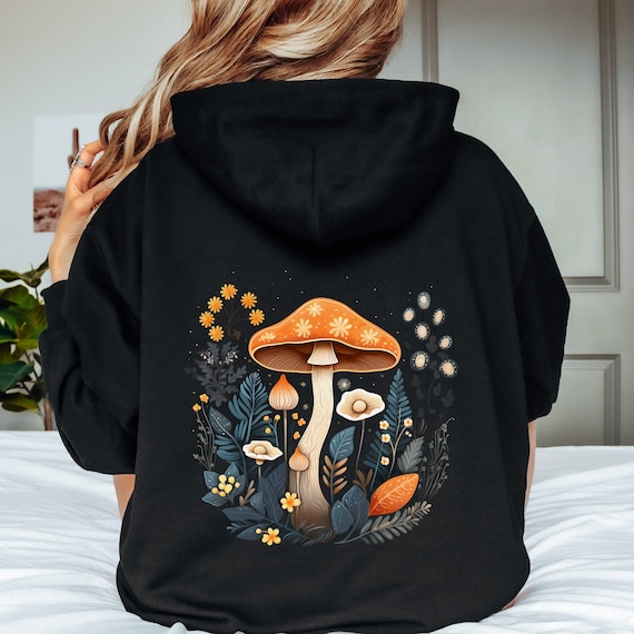 Boho Mushroom Hoodie, Back Graphic Hoodie, Woodland Hoodie, Forest Fungi Hoodie, Autumnal Cottagecore Clothes, Nature Lover Fall Sweatshirt