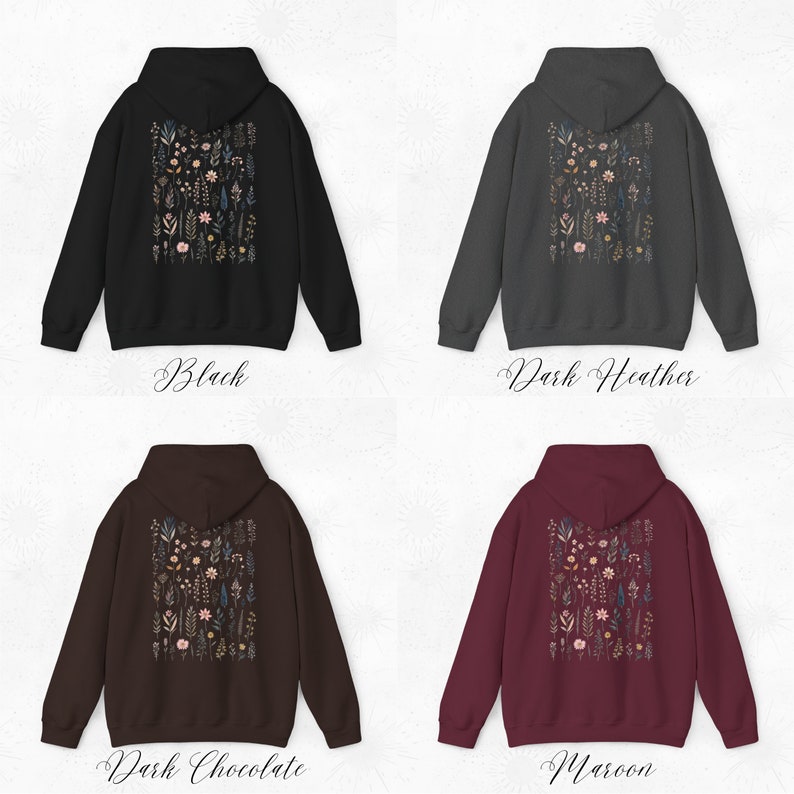 May include: Four different color hoodies with a floral print on the back. The colors are black, dark heather, dark chocolate, and maroon.
