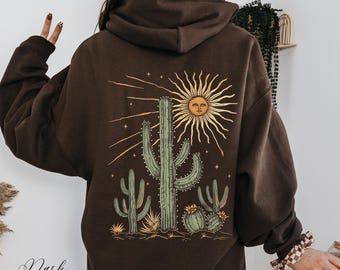 Goblincore Cactus Hoodie, Boho Sun Hoodie, Vintage Aesthetic Hoodie, Whimsigoth Clothing, Hippie Clothes, Back Graphic Hoodie, Summer Hoody