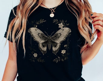Dark Gothic Moth Tshirt, All Seeing Floral Moth T Shirt, Grunge Butterfly Shirt, Flowers and Moth Shirt, Dark Cottagecore Gothic Clothes