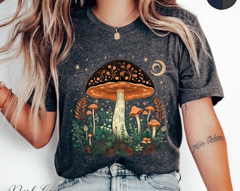 Boho Mushrooms and Stars Graphic Tee, Cottage core Magic Mushroom Shirt, Forest Witch Hippie Clothes, Boho Shirt, Goblincore Mushroom Gifts