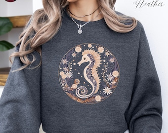 Vintage Floral Seahorse Sweatshirt, Boho Sea Animal Shirt, Sea Creatures, Vintage Sweater, Cottage core Beach Sweatshirt, Seahorse Gifts
