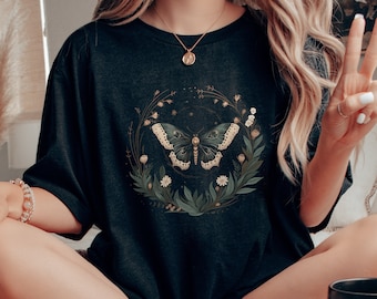 Goblincore Moth Shirt, Forest Witch Shirt, Fairy Grunge Moth Tshirt, Dark Cottagecore Floral Butterfly Shirt, Gothic Clothes Butterfly Gifts