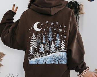 Celestial Snow Hoodie, Winter Forest Hoodie, Moon and Tree Hoody, Boho Hoodie, Winter Hoodie, Cottagecore Woodland Clothes, Christmas Hoodie