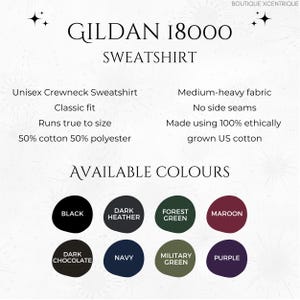 May include: Gildan 18000 Sweatshirt, a unisex crewneck sweatshirt with a classic fit. Made from 50% cotton and 50% polyester, it features a medium-heavy fabric, no side seams, and is made using 100% ethically grown US cotton. Available colors include black, dark heather, forest green, maroon, dark chocolate, navy, military green, and purple.