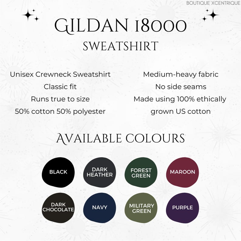 May include: Gildan 18000 Sweatshirt, a unisex crewneck sweatshirt with a classic fit. Made from 50% cotton and 50% polyester, it features a medium-heavy fabric, no side seams, and is made using 100% ethically grown US cotton. Available colors include black, dark heather, forest green, maroon, dark chocolate, navy, military green, and purple.