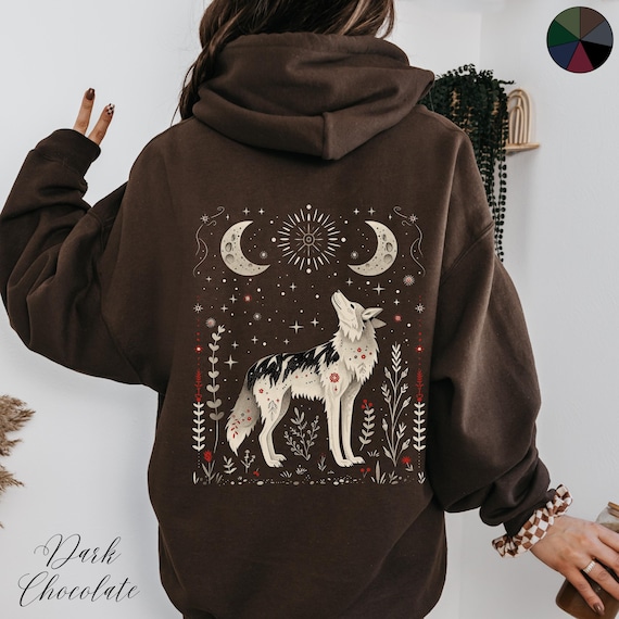Scandinavian Wolf Hoodie, Wolf and Moon Hoody, Forest Animal Hoodie, Mystical Hoodie, Boho Wolf Clothes, Woodland Creatures, Wolf Lover Gift
