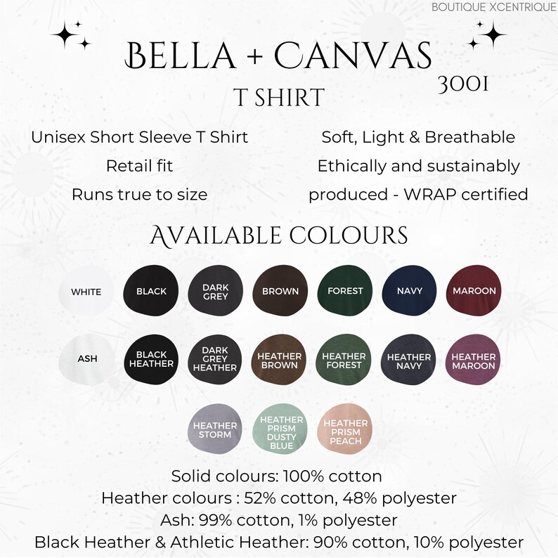 May include: A Bella + Canvas T-shirt in various colors, including white, black, dark grey, brown, forest, navy, maroon, ash, black heather, dark grey heather, heather brown, heather forest, heather navy, heather maroon, heather storm, heather prism dusty blue, and heather prism peach. The text on the image reads "Bella + Canvas T-Shirt 3001 Unisex Short Sleeve T Shirt Retail fit Runs true to size Soft, Light & Breathable Ethically and sustainably produced - WRAP certified Available Colours Solid colours: 100% cotton Heather colours: 52% cotton, 48% polyester Ash: 99% cotton, 1% polyester Black Heather & Athletic Heather: 90% cotton, 10% polyester"
