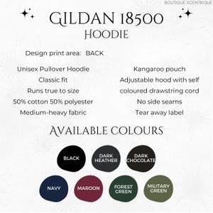 May include: Gildan 18500 Hoodie in various colors, including black, dark heather, dark chocolate, navy, maroon, forest green, and military green. The hoodie features a kangaroo pouch, adjustable hood with self-colored drawstring cord, no side seams, and a tear-away label. Design print area: BACK.
