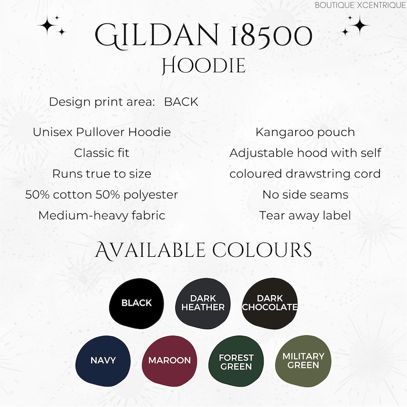 May include: Gildan 18500 Hoodie in various colors, including black, dark heather, dark chocolate, navy, maroon, forest green, and military green. The hoodie features a kangaroo pouch, adjustable hood with self-colored drawstring cord, no side seams, and a tear-away label. Design print area: BACK.