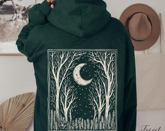 Bohemian Dark Forest Hoodie, Woodland and Mystic Moon Phase Autumn Sweatshirt, Hippie Hoodie, Fall Boho Clothes, Vintage Style Nature Hoodie