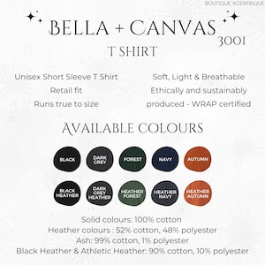 K&ouml;nnte beinhalten: Bella + Canvas T-Shirt in verschiedenen Farben, darunter Schwarz, Dunkelgrau, Waldgr&uuml;n, Marineblau und Herbst. Das Shirt besteht aus 100 % Baumwolle und ist in Uni- und Melangefarben erh&auml;ltlich. Der Text auf dem Bild lautet "Bella + Canvas T-Shirt 3001".
