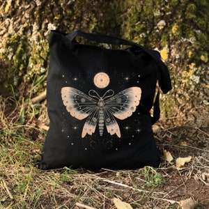 Celestial Moth Tote Bag, Lunar Moth Bag, Moth Moon and Stars Boho Bag, Vintage Style Black Tote Bag, Canvas Bag, Gift for Her, Moth Gifts