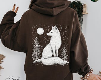 Arctic Fox Hoodie, White Fox Hoodie, Cute Moon and Fox Sweatshirt, Christmas Hoodie, Winter Boho Clothes, Gift for Her, Snow Fox Gifts