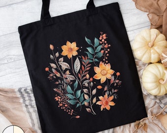 Wildflower Tote Bag, Autumn Bag, Pressed Flower Tote Bag, Floral Tote Bag, Nature Lover Tote, Boho Bag, Hippie Garden Tote, Black Tote Bag
