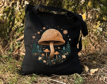 Forestcore Mushroom Tote Bag, Botanical Cotton Tote, Boho Cottagecore Bag, Forest Woodland Nature Lover Gift