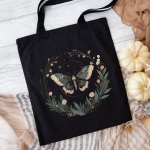 Goblincore Moth and Flowers Black Tote Bag, Botanical Grunge Moth Tote Bag, Dark Cottagecore Aesthetic, Butterfly Moth Lover Tote