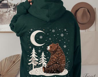 Moon and Bear Christmas Hoodie, Snow Bear Hoodie, Bohemian Winter Hoodie, Boho Christmas Bear Sweatshirt, Winter Animal Hoody, Bear Gifts
