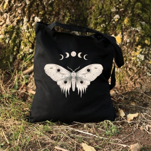 Luna Moth Bag, Moth and Moon Phase Canvas Tote Bag, Moon Moth Tote Bag, Dark Academia Goblincore Aesthetic Tote Bag, Celestial Butterfly Bag