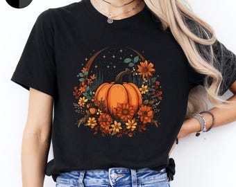 Camiseta de Halloween, Camiseta de Calabaza Floral, Camiseta de Calabaza con Flores, Camiseta Botánica de Otoño, Camiseta de Halloween, Ropa de Halloween, Regalos de Halloween
