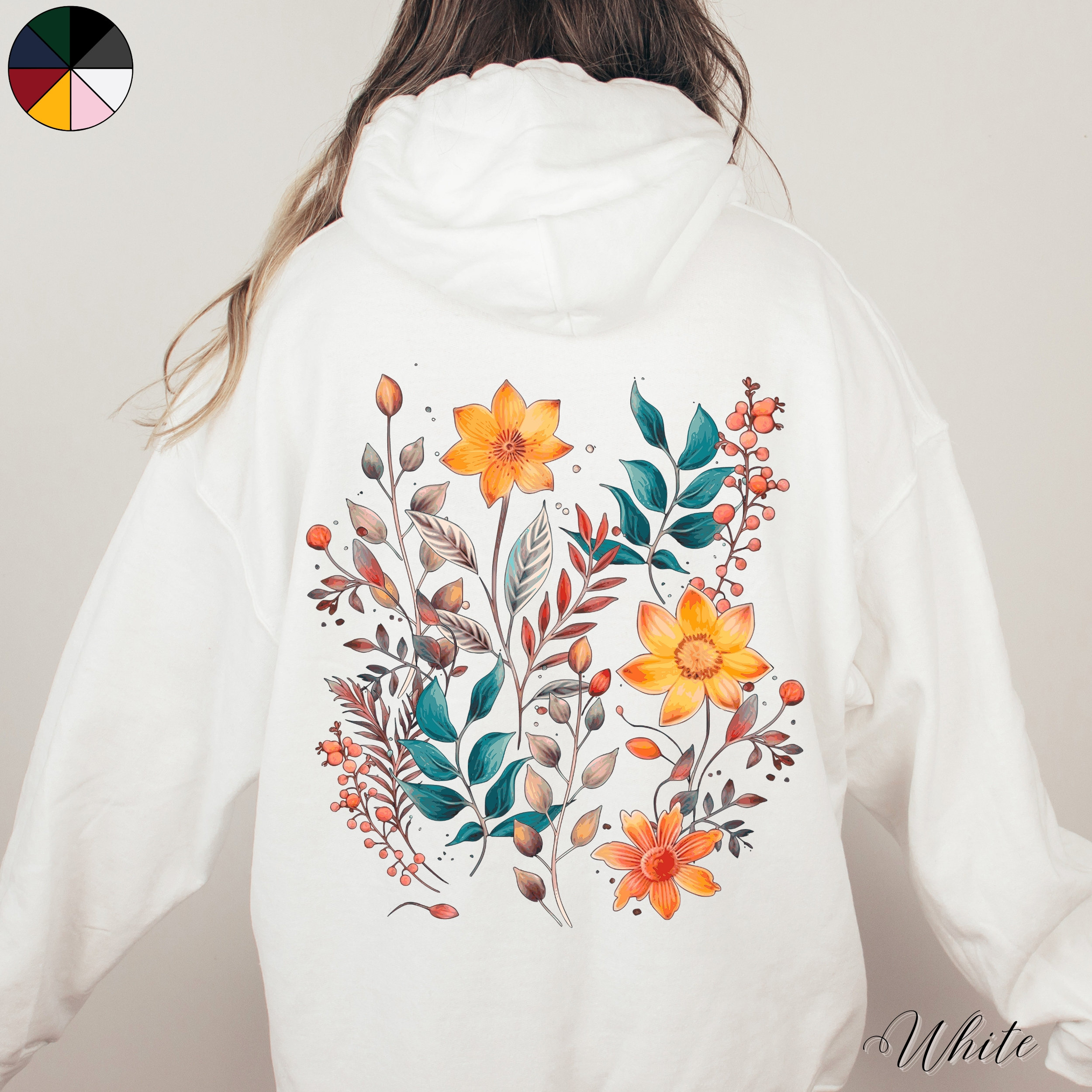 BoutiqueXcentrique Boho Wildflower Back Graphic Hoodie Autumnal Floral Hoodie Wild Flower Meadow Hoodie Floral Cottagecore Hoodie Botanical Nature Hoodie