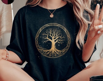 Vintage Tree of Life T Shirt, Gold Tree Shirt, Pagan Graphic Tee, Spiritual Shirt, Celtic Boho Shirt, Hippie Clothes, Celestial Tree Shirt