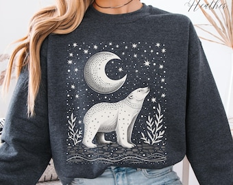 Polar Bear Christmas Sweatshirt, Snow Polar Bear Sweatshirt, Boho Moon Bear Shirt, Scandinavian Winter Sweater, Christmas Jumper, Bear Gifts