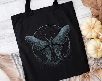 Gothic Blue Moth Tote Bag, Mystic Moth Bag, Goblincore Luna Moth Canvas Bag, Gothic Bag, Mystical Tote Bag, Witchy Tote Bag, Moth Lover Gift