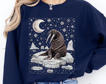 Sudadera navideña de morsa nevada, sudadera de luna y morsa con copos de nieve, sudadera de invierno con animales árticos, suéter nórdico, lindos regalos de morsa