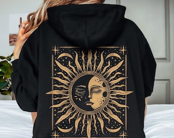 Bohemian Sun Hoodie, Boho Moon Phase and Sun Fall Sweatshirt, Celestial Hoodie, Hippie Gifts, Vintage Graphic Winter Hoodie, Boho Clothes