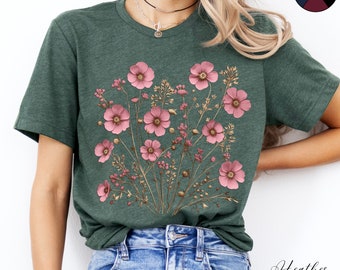 Soft Pink Wildflowers Tee Shirt, Wildflower T-shirt, Floral Cottagecore Clothes, Botanical Graphic, Boho Flower Tshirt, Fairycore Clothing