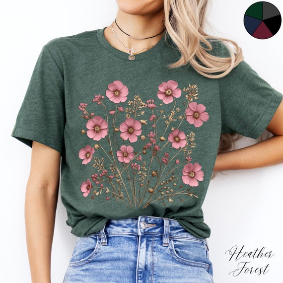 Soft Pink Wildflowers Tee Shirt, Wild Flower Tshirt, Floral Cottagecore Clothes, Boho Flower Shirt, Fairycore Floral Graphic Tee, Boho Tops
