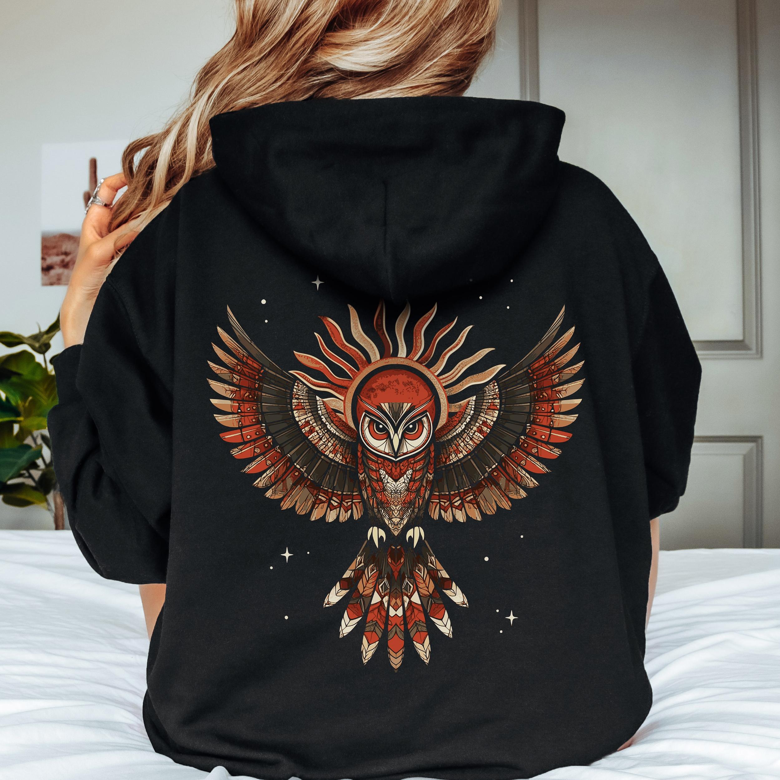 Nordic Folklore Owl Hoodie, Sun and Owl Sweatshirt, Vintage Aesthetic Hoodie, Hippie Clothes, Back G