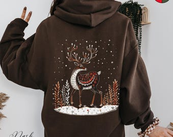 Reindeer Christmas Hoodie, Boho Reindeer Hoodie, Cute Deer Graphic Hoody, Winter Hoodie, Cottagecore Christmas Sweatshirt, Xmas Gift for Her