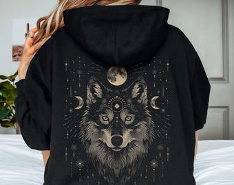 Mystic Wolf Hoodie, Wolf Moon Hooded Sweatshirt, Back Print Hoody, Alt Gothic Hoodie, Celestial Folklore Aesthetic Clothes, Hippy Clothes