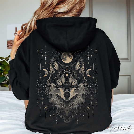 Mystic Wolf Hoodie, Wolf Moon Hooded Sweatshirt, Back Print Hoody, Alt Gothic Hoodie, Celestial Folklore Aesthetic Clothes, Hippy Clothes