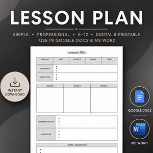 Modèle de fiche de préparation de leçon modifiable | Planificateur de leçon d'une page pour enseignants | Google Docs et MS Word | Fiche de leçon imprimable | Tous niveaux et toutes matières