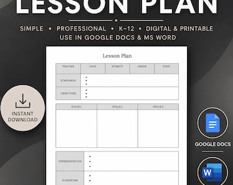 Editable Lesson Plan Template | One Page Teacher Lesson Planner | Google Docs & MS Word | Printable Lesson Plan | All Grades and Subjects